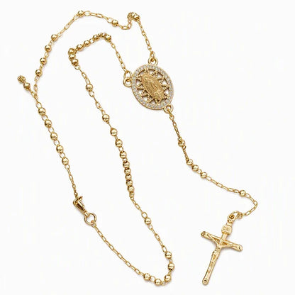 ✝️ Rosary Beaded Cross Necklace: Elegant Virgin Mary Design, Gold-Tone, 35cm Chain