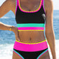 🎁Novedad 50% de descuento💥Conjunto de bikini deportivo de 3 piezas de nailon con bloques de color y retales - Traje de baño de cintura alta con control de abdomen👙🌈