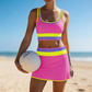 🎁Novedad 50% de descuento💥Conjunto de bikini deportivo de 3 piezas de nailon con bloques de color y retales - Traje de baño de cintura alta con control de abdomen👙🌈