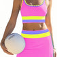 🎁Novedad 50% de descuento💥Conjunto de bikini deportivo de 3 piezas de nailon con bloques de color y retales - Traje de baño de cintura alta con control de abdomen👙🌈