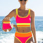 🎁Novedad 50% de descuento💥Conjunto de bikini deportivo de 3 piezas de nailon con bloques de color y retales - Traje de baño de cintura alta con control de abdomen👙🌈