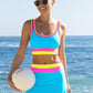 🎁Novedad 50% de descuento💥Conjunto de bikini deportivo de 3 piezas de nailon con bloques de color y retales - Traje de baño de cintura alta con control de abdomen👙🌈