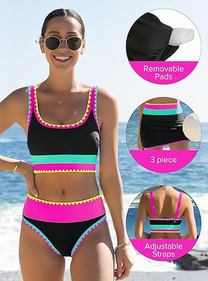 🎁Novedad 50% de descuento💥Conjunto de bikini deportivo de 3 piezas de nailon con bloques de color y retales - Traje de baño de cintura alta con control de abdomen👙🌈