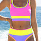 🎁Novedad 50% de descuento💥Conjunto de bikini deportivo de 3 piezas de nailon con bloques de color y retales - Traje de baño de cintura alta con control de abdomen👙🌈