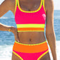 🎁Novedad 50% de descuento💥Conjunto de bikini deportivo de 3 piezas de nailon con bloques de color y retales - Traje de baño de cintura alta con control de abdomen👙🌈