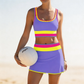 🎁Novedad 50% de descuento💥Conjunto de bikini deportivo de 3 piezas de nailon con bloques de color y retales - Traje de baño de cintura alta con control de abdomen👙🌈
