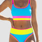 🎁Novedad 50% de descuento💥Conjunto de bikini deportivo de 3 piezas de nailon con bloques de color y retales - Traje de baño de cintura alta con control de abdomen👙🌈