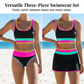 🎁Novedad 50% de descuento💥Conjunto de bikini deportivo de 3 piezas de nailon con bloques de color y retales - Traje de baño de cintura alta con control de abdomen👙🌈