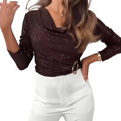 Women's Sequin Cowl Neck Long-Sleeve Tops