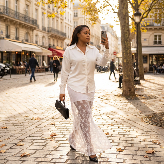 Women's Button-Down Top and Floral Lace Skirt Set