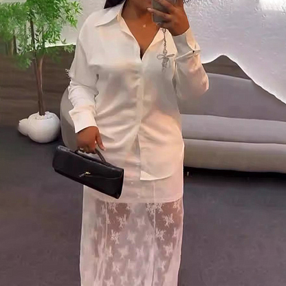 Women's Button-Down Top and Floral Lace Skirt Set