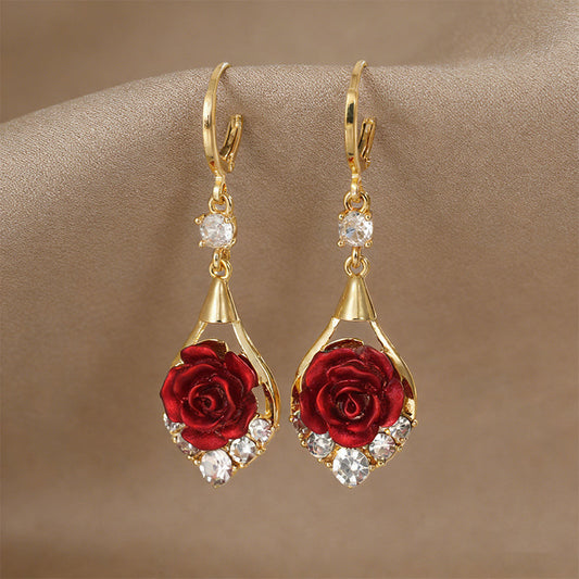 Elegant Red Rose Drop Earrings