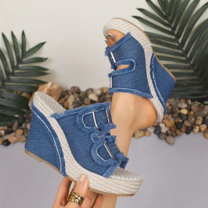💎 ¡50% DE DESCUENTO! 💎 Sandalias Plataforma Casuales de Jean para Mujer – Tacón Cómodo de 10cm, Suela Antideslizante y Hebilla Ajustable 👟💙