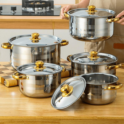 💎 ¡50% DE DESCUENTO EN JUEGO DE 5 PIEZAS DE ACERO INOXIDABLE! 💎 Ollas Engrosadas, Tapas de Cristal y Detalles Dorados Elegantes para Cualquier Tipo de Cocina