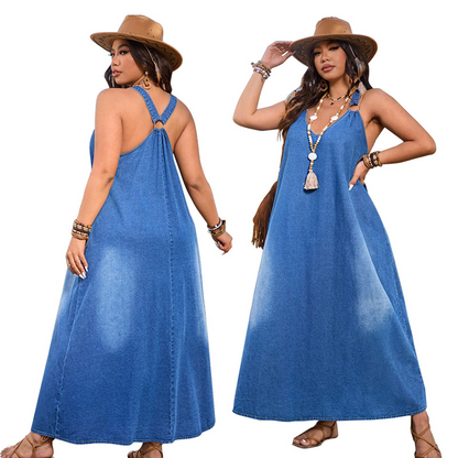 👗 ¡50% DE DESCUENTO AHORA! ✨ Vestido largo de mezclilla con cuello en V y corte holgado informal – Cómodo, versátil y perfecto para uso diario 🌸