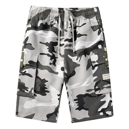 Pantalones cortos cargo de camuflaje para hombre con cintura con cordón
