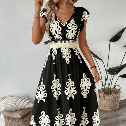 Vestido maxi fluido con estampado barroco y cuello de pico para mujer