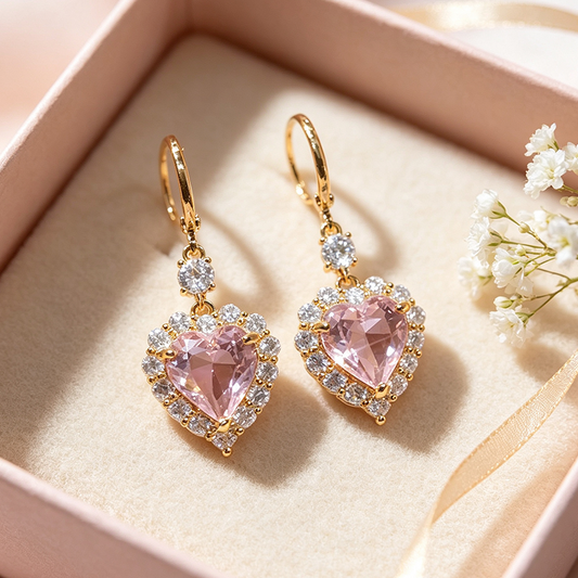 🎉 2026 Sale — Over 45,000 Sold!💎 Sparkling Heart-Shaped Drop Rhinestone Earrings – Gold Tone Pink Heart Dangle Earrings 💕