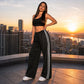 Women's  Chic Striped Drawstring Track Pants, Retro Straight-Leg Polyester Casual Pants for Gym Activewear, Drawstring Pants, Long Pants