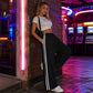 Women's  Chic Striped Drawstring Track Pants, Retro Straight-Leg Polyester Casual Pants for Gym Activewear, Drawstring Pants, Long Pants