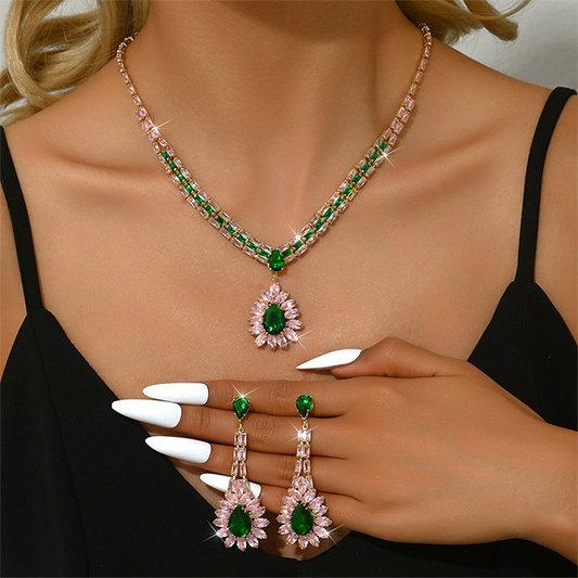 📢📢50% OFF !!⏰ 2026 Sale — Over 22,000 Sold! 💎 Zircon Jewelry Set – Pink & Green Necklace & Drop Earrings – Complete Your Party Look! ✨