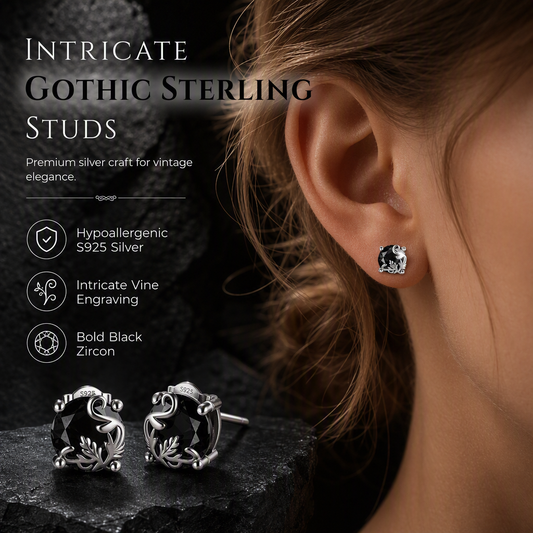 Silver Tone Gothic Vine Pattern Round Stud Earrings with Black Cubic Zirconia