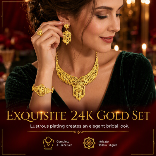 📢📢50% OFF !! ⏰24K Gold Plated Bridal Jewelry Set Dubai Indian Style Necklace Bracelet Ring and Earrings Set for Women